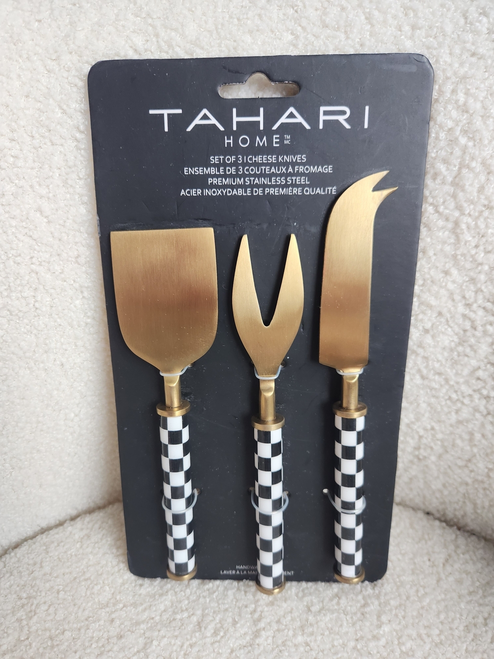 Tahari Gold & Black Check 3-Piece Cheese Knife Set